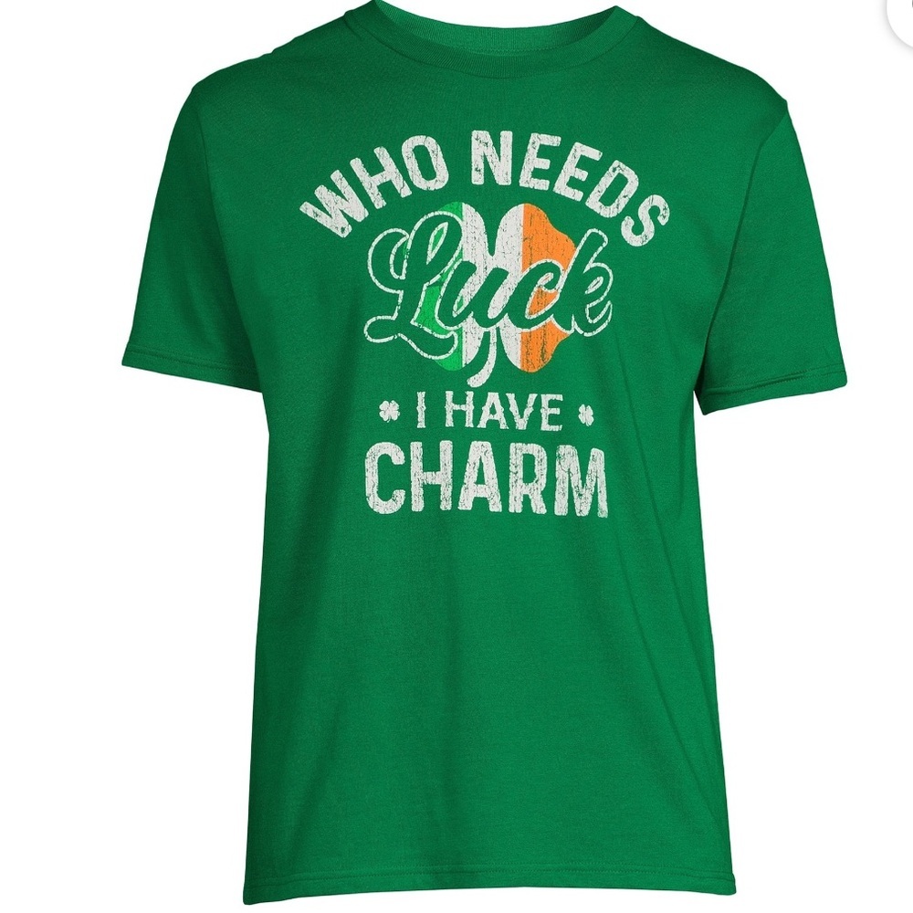 St Patrick’s Day Graphic T Shirt Unisex “who needs luck I have charm” size M